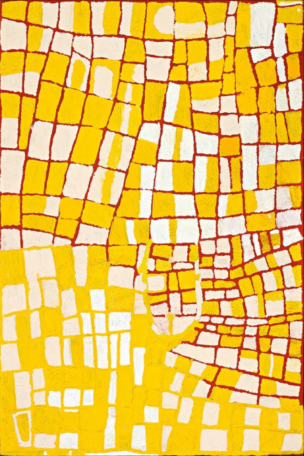 Tjumpo Tjapanangka painting composed of irregular yellow and white rectangular forms separated by red lines, creating a dense geometric pattern across the canvas