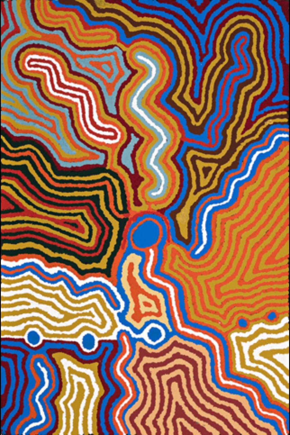 Helicopter Tjungurrayi painting with brightly coloured parallel lines forming sandhill patterns around circular water sites and pathways.