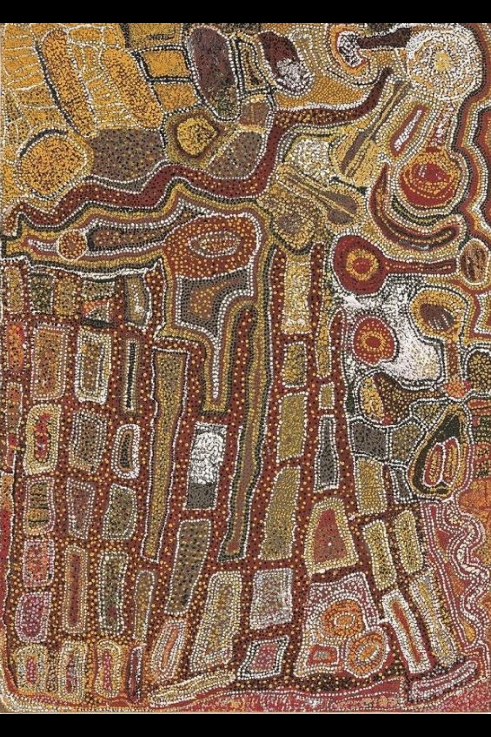 Wimmitji Tjapangarti painting with dense yellow, red and white dotting, circular sites and winding pathways extending across the composition.