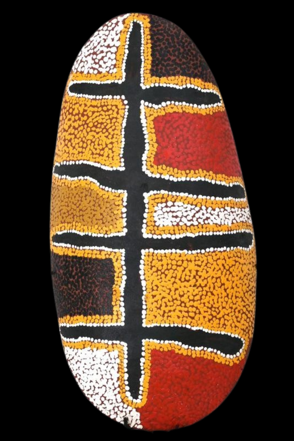 Sunfly Tjampitjin painting with bold black branching pathways dividing fields of red, ochre, brown and white, outlined with rows of white dots.