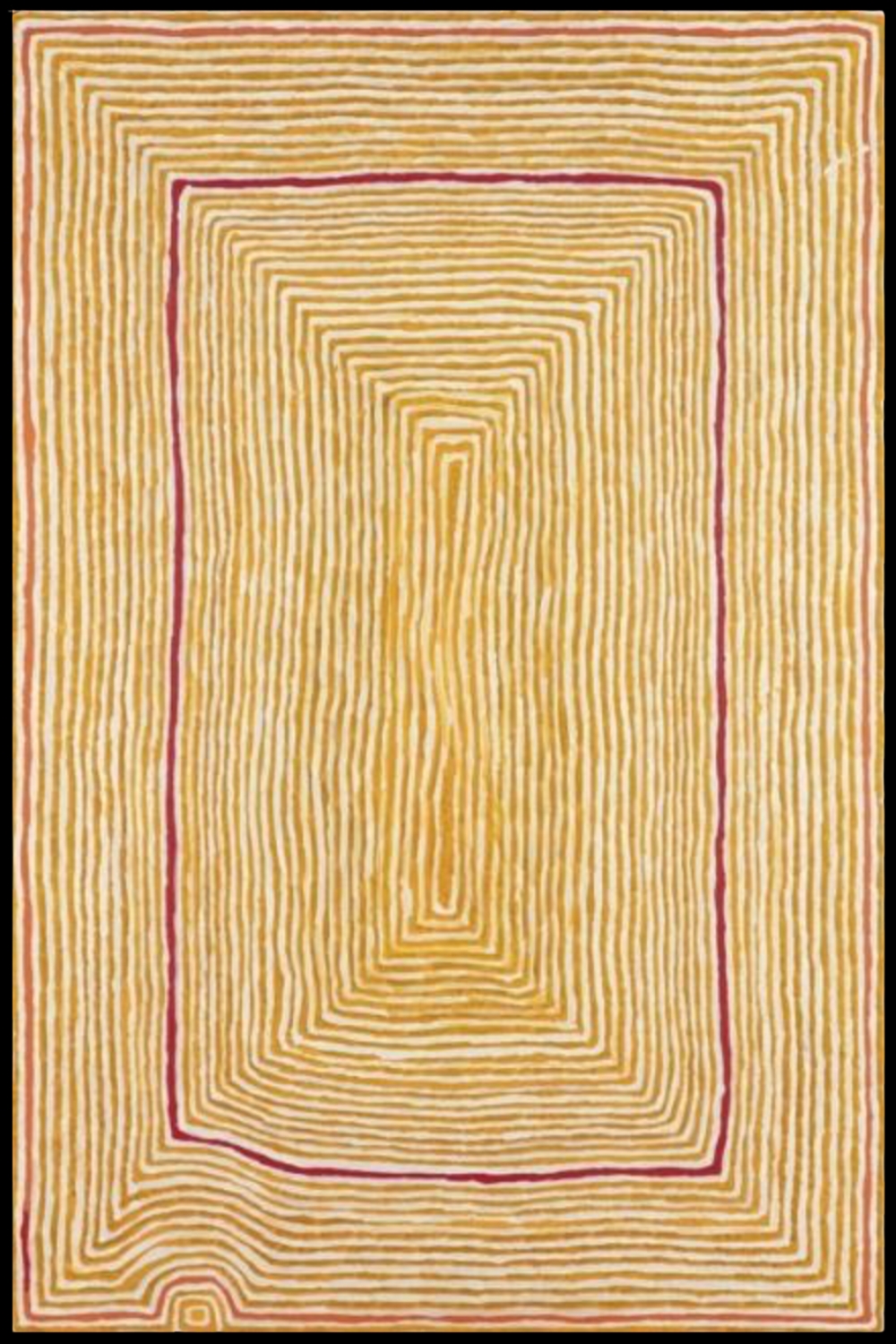 Tjumpo Tjapanangka painting of Wilkinkarra with closely spaced ochre and white lines forming nested rectangular shapes around a central elongated form.