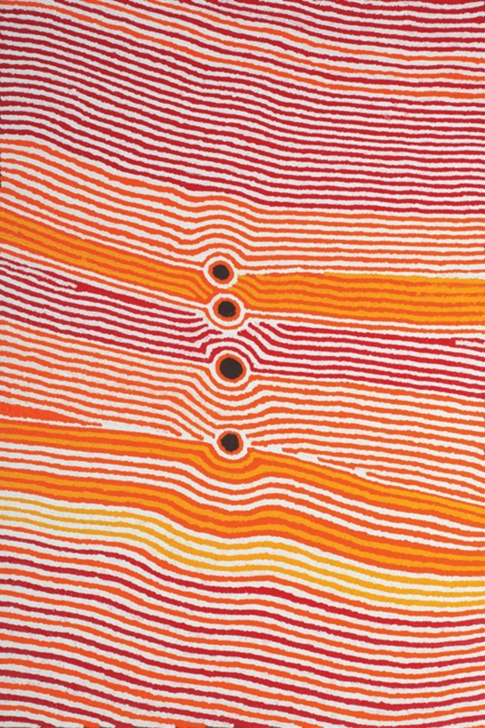 Helicopter Tjungurrayi painting with dense parallel red, orange and white lines flowing around four dark circular forms representing important water sites.