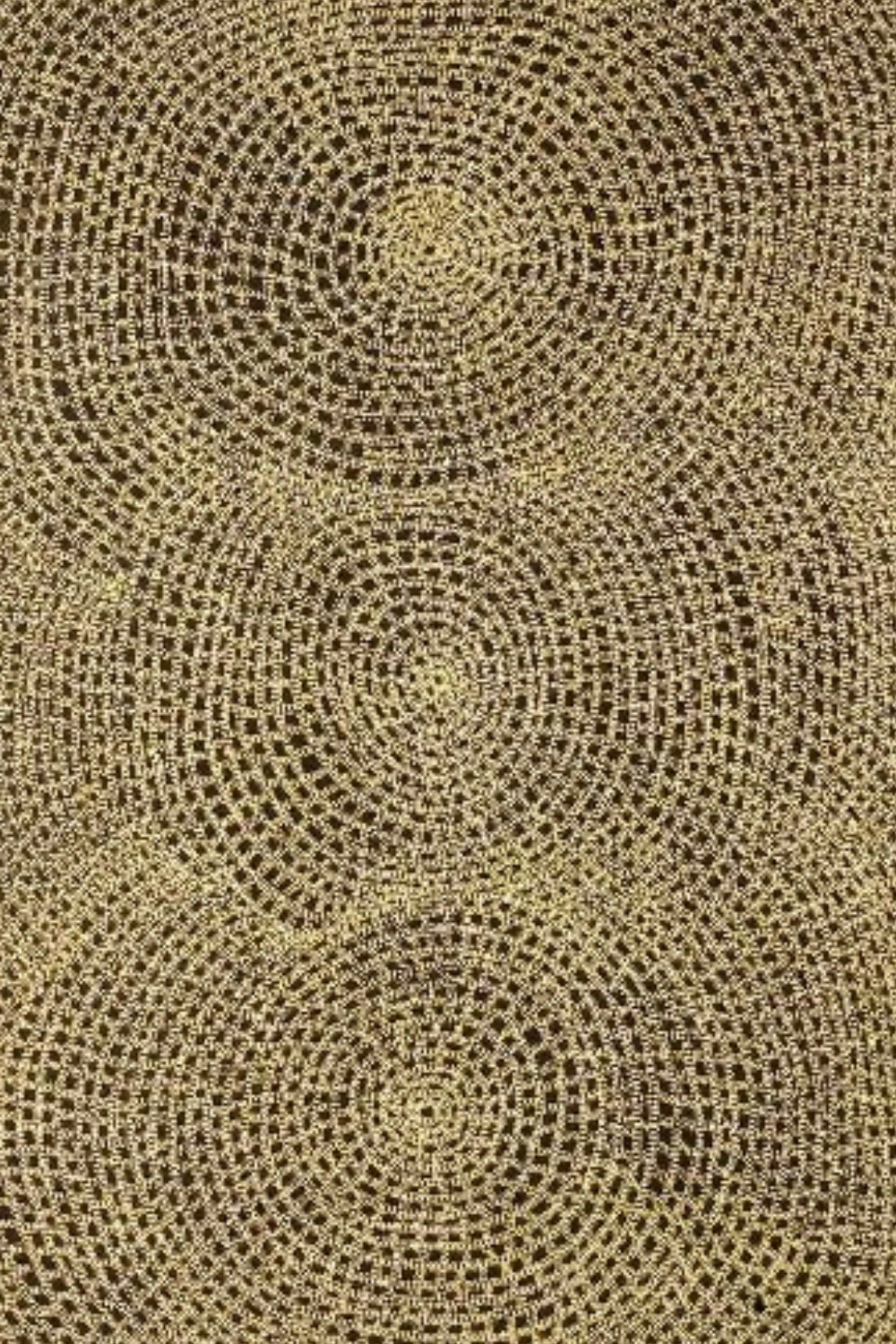 Dorothy Napangardi painting filled with thousands of fine cream-coloured marks forming overlapping circular, curved and lattice-like patterns across a dark brown ground.