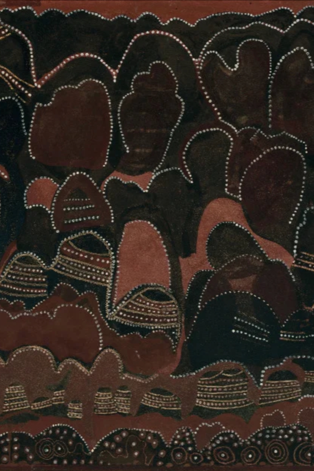 Jack Britten ochre painting of Purnululu, showing the rounded formations of the Bungle Bungle Range in Gija Country.
