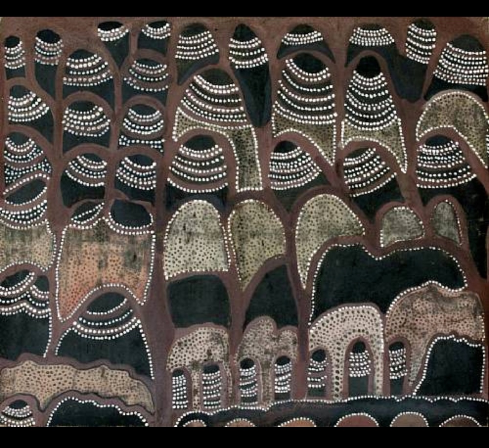 Jack Britten ochre painting of Purnululu Country, with layered striped sandstone formations of the Bungle Bungle Range.