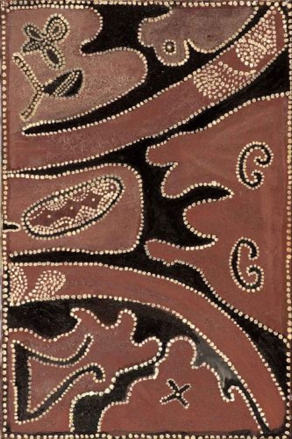Jack Britten ochre painting with animal figures, dark forms and white dotted outlines characteristic of his East Kimberley style.