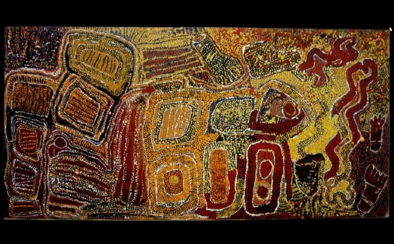 Wimmitji Tjapangarti's Kutu, showing densely dotted rectangular sites, circular forms and red ancestral figures and pathways across yellow, ochre, black and white fields.