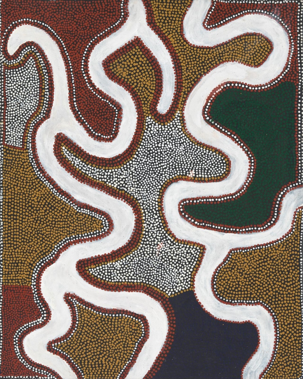 Boxer Milner’s Milkwater painting with broad winding white channels crossing densely dotted fields of red, ochre, green and dark blue.