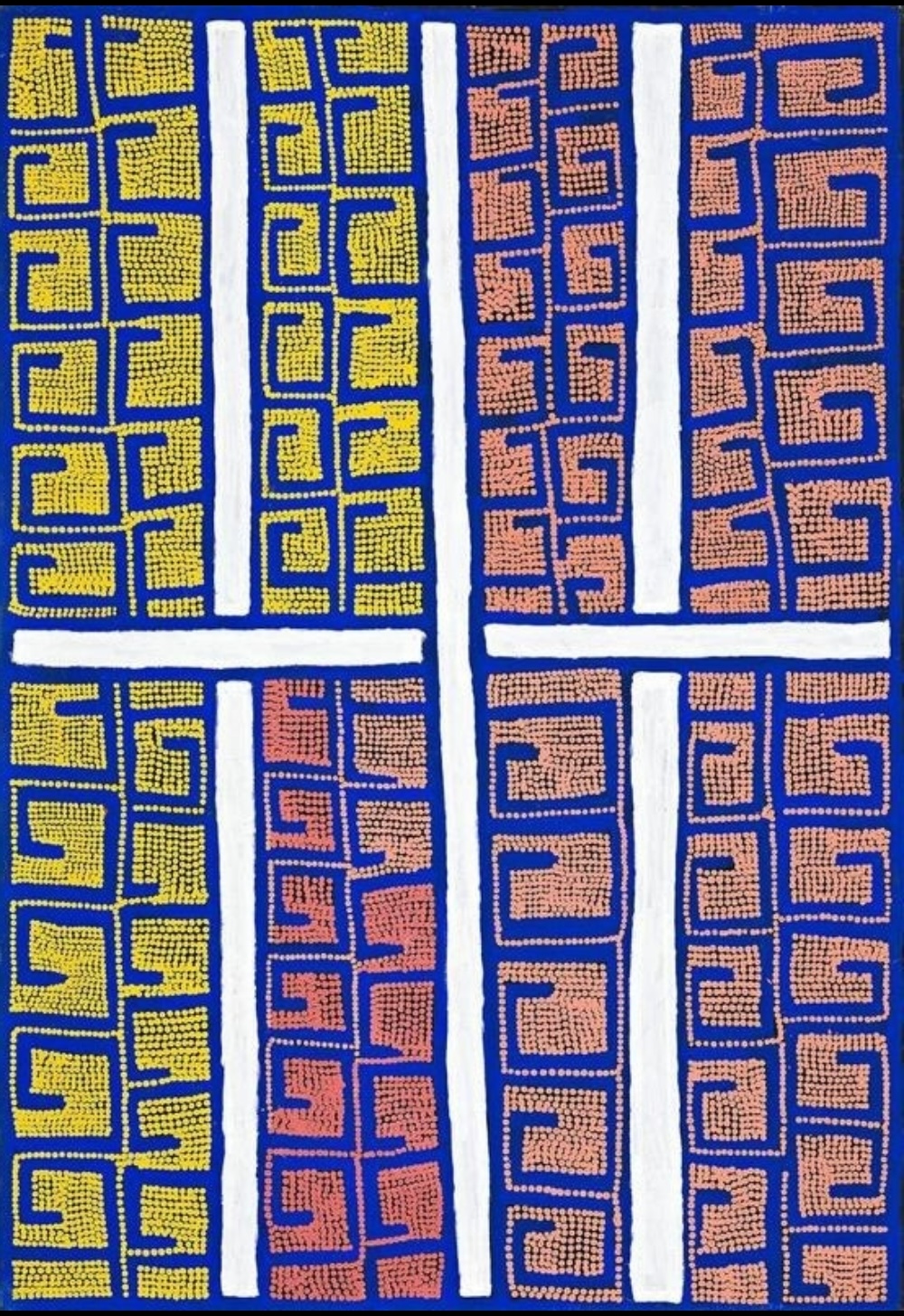 Boxer Milner’s Purkitji painting with a large white double-cross representing the main channels of Sturt Creek, surrounded by yellow and pink dotted hooked forms representing tributaries.