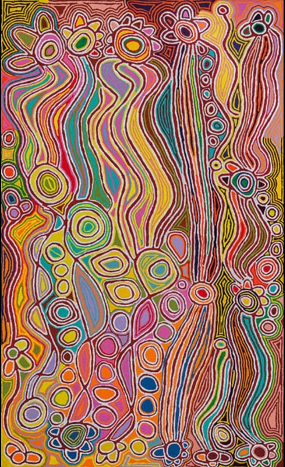 Vibrant Judy Watson Napangardi painting filled with long flowing bands, concentric circles and irregular geometric forms outlined in pink, red, yellow, blue, green and white.