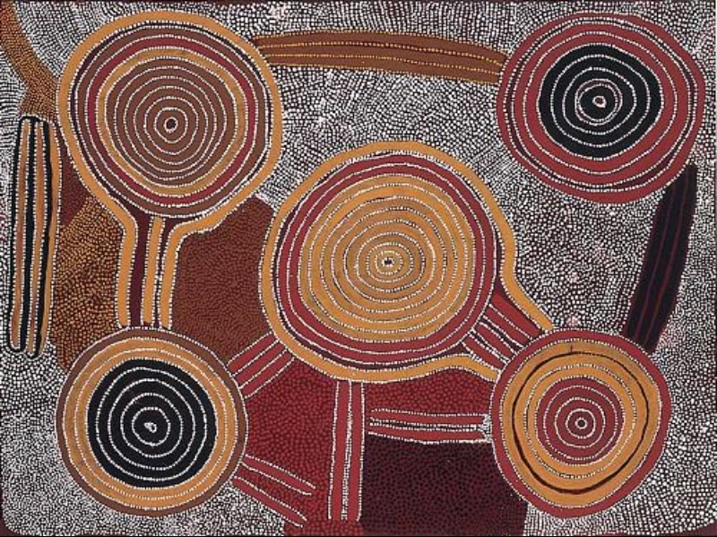 Sunfly Tjampitjin untitled painting with five large concentric circles connected by linear pathways across densely dotted fields of ochre, red, brown, black and white.