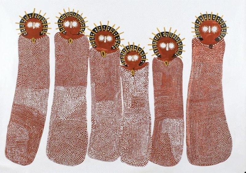 Jack Dale Mengenen painting of six elongated red-brown Wandjina with large round white eyes, radiating halos and bodies covered in changing fields of fine white rain dots.