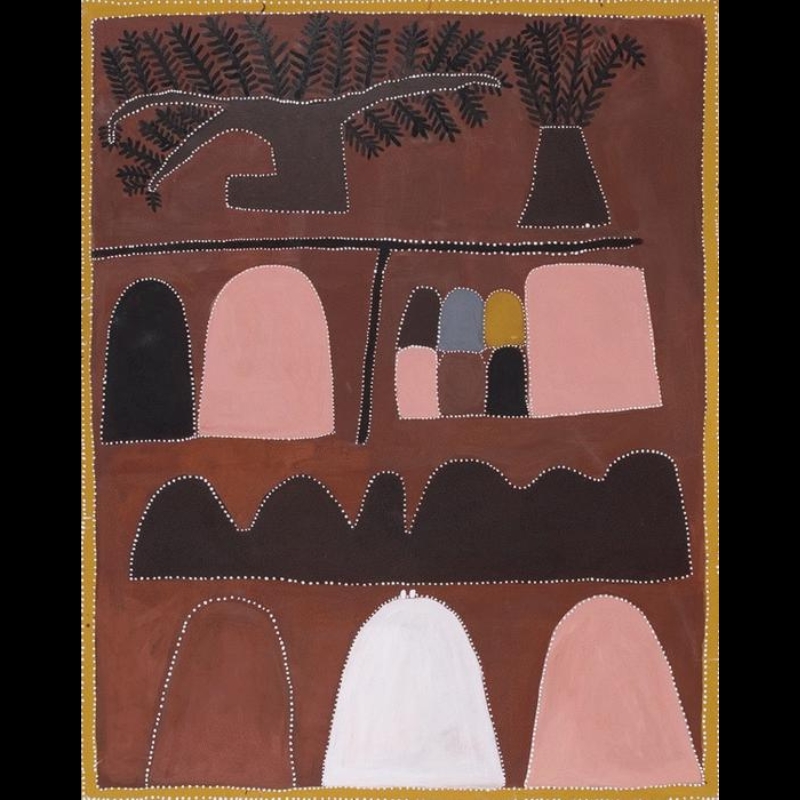 Queenie McKenzie ochre landscape mapping Texas Downs Country with boab trees, rivers and sacred hills in black, pink, white and brown.
