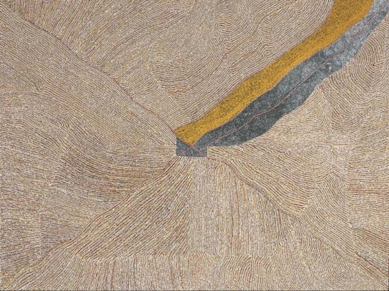 Kathleen Petyarre’s Mountain Devil Lizard Dreaming, 2008, with sweeping fields of fine dots converging around elongated ochre and grey forms.