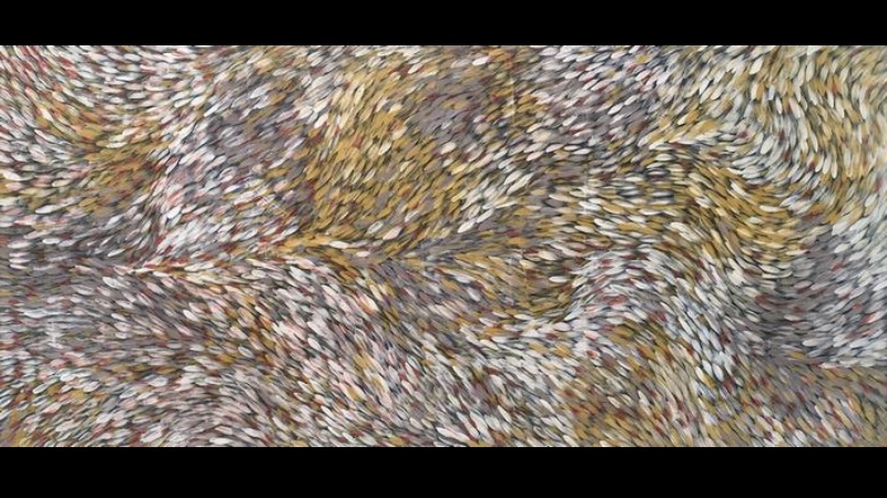 Very wide painting by Gloria Petyarre filled with thousands of white, ochre, pink and grey leaf-like strokes flowing in broad swirling currents across the canvas.