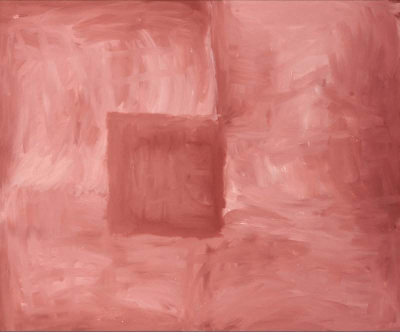 Rammey Ramsey painting composed almost entirely of softly layered pink, red and pale ochre brushstrokes. A darker red rectangular form occupies the centre-left, while faint vertical and horizontal divisions emerge through the surrounding field.