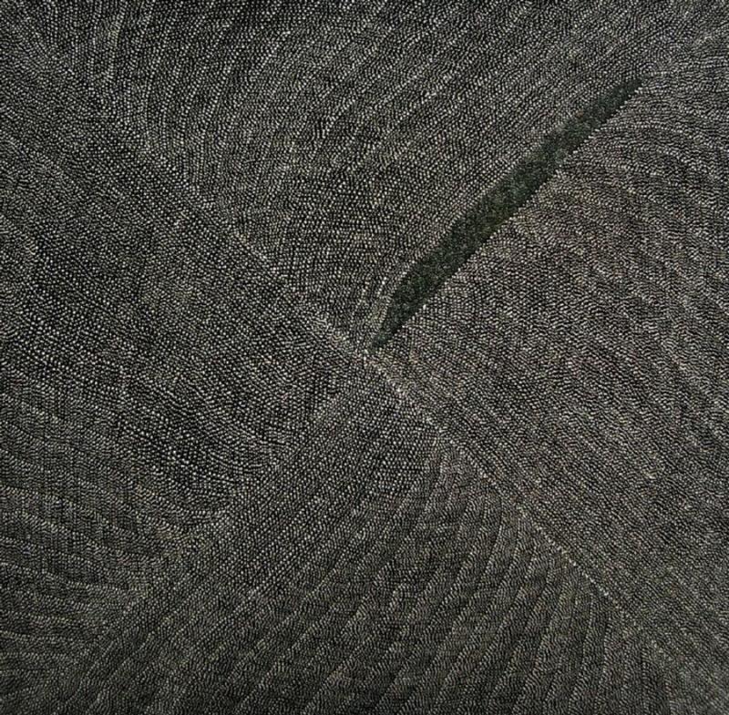 Kathleen Petyarre’s Mountain Devil Lizard Dreaming, 2000, with dense pale fine dotting flowing around a dark elongated form.