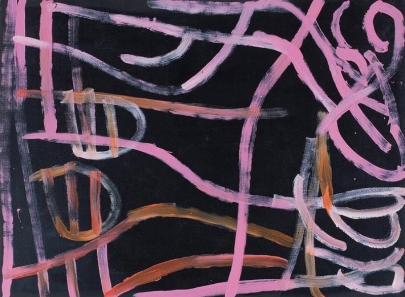 Minnie Pwerle painting of broad pink, mauve, white and ochre lines sweeping across a black background, with loops and small striped forms concentrated along the sides.