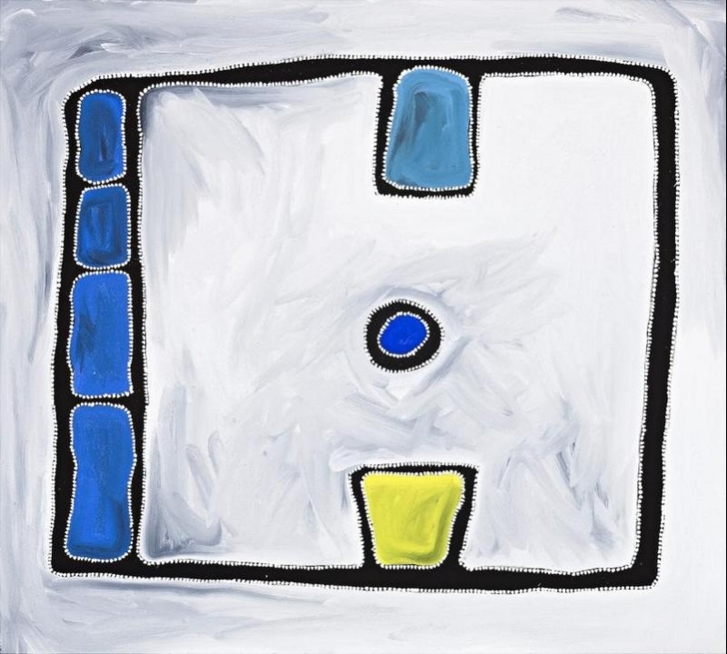 Rammey Ramsey painting with a broadly brushed pale grey and white ground enclosed by a thick black border edged with white dots. Five blue rectangular forms run down the left side, with additional blue forms at the top and centre and a bright yellow form at the bottom