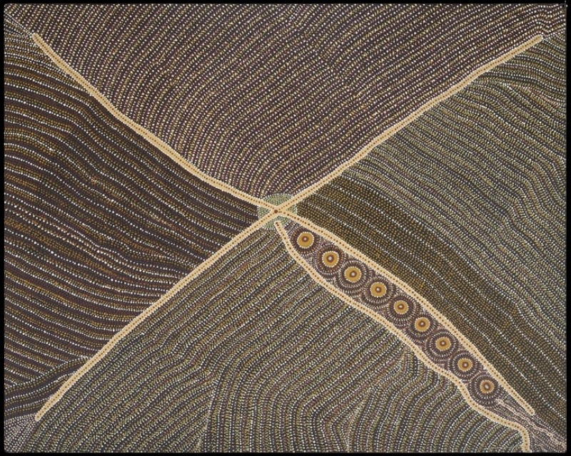 Kathleen Petyarre’s My Place Atnangkere, 1995, with intersecting pale lines, parallel dotted fields and a row of concentric circles.