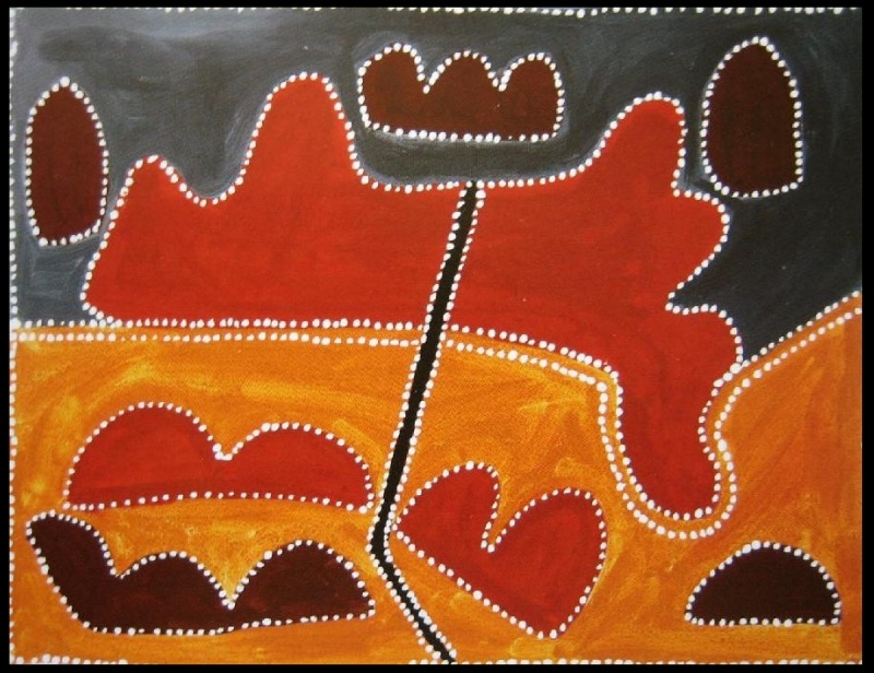 Queenie McKenzie landscape with red, orange and brown hills divided by a winding black track, all outlined with white dots.