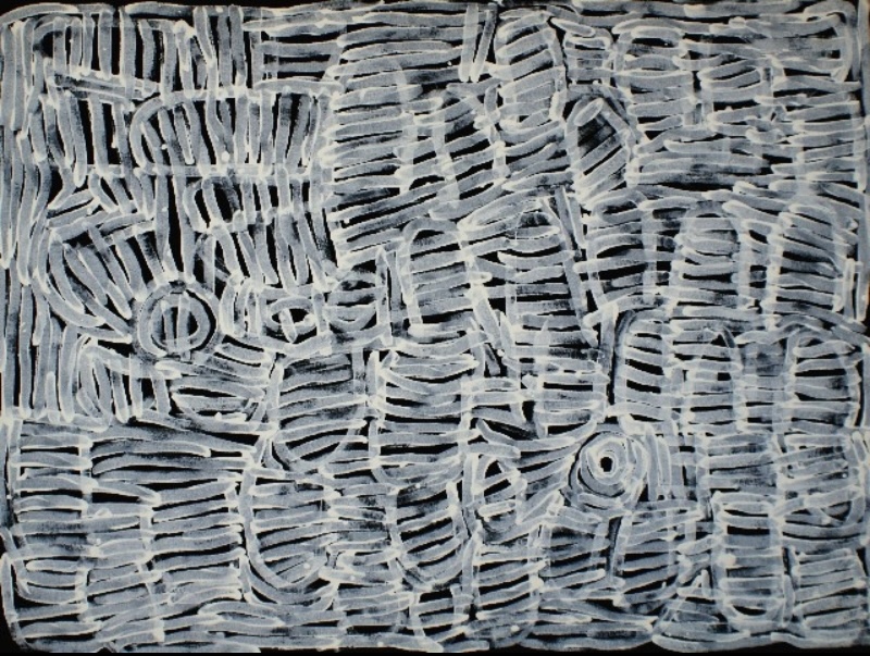 Minnie Pwerle painting with dense white and grey curved forms filled with parallel stripes, overlapping across a black background with several circular motifs.