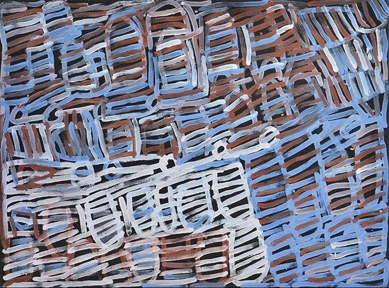 Minnie Pwerle painting of overlapping pale blue, white and brown lines forming irregular striped and rounded shapes across a black background.