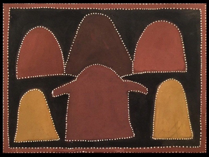 Queenie McKenzie ochre landscape with five rounded red, brown and yellow hills surrounding a central broad-topped form on a black ground.