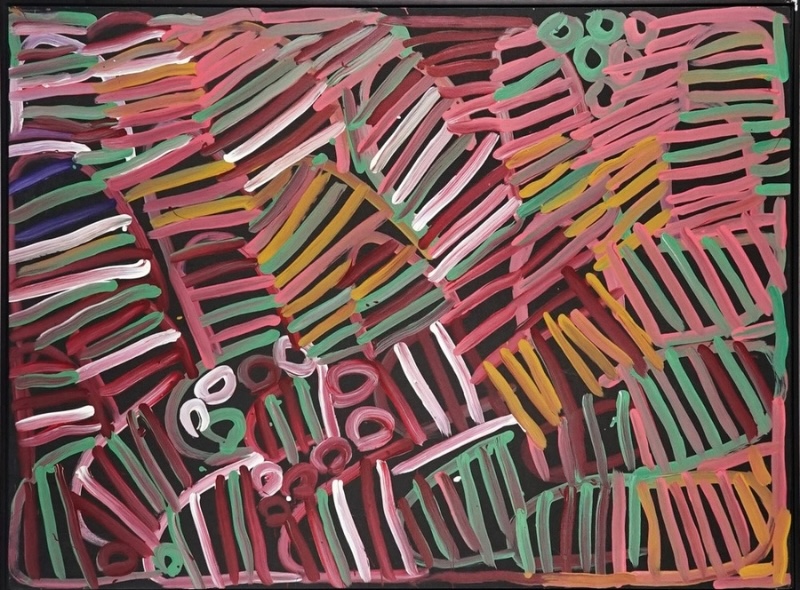 Minnie Pwerle painting of overlapping pink, green, white, orange and burgundy curved forms filled with parallel stripes, with small circular shapes on a black background.