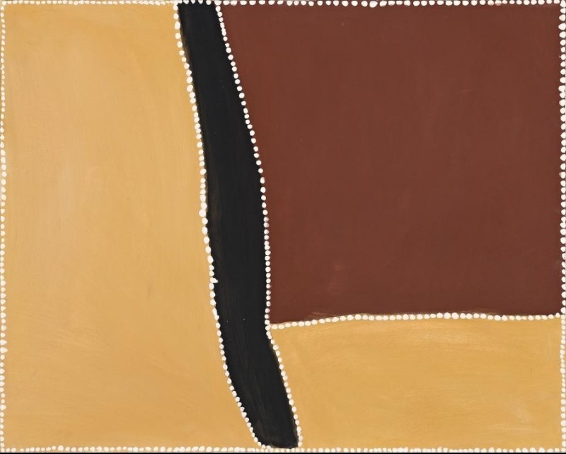 Rover Thomas painting divided into large fields of pale yellow and reddish-brown ochre by a broad black road that curves vertically through the canvas. Rows of white dots outline both sides of the road, divide the colour fields and frame the outer edges of the painting.