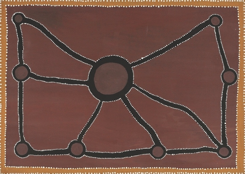 Rover Thomas Dingo Dreaming, 1996, natural earth pigments on linen, depicting interconnected circular sites and pathways against a red-brown ochre ground.