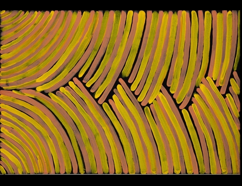 Painting by Gloria Petyarre with broad curved and vertical bands of yellow, olive green and pink brushstrokes arranged in separate groups against a black ground.