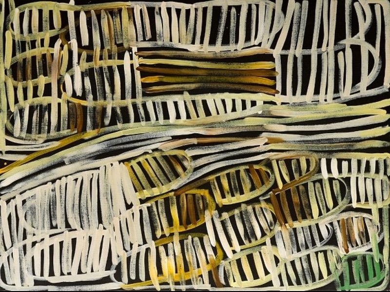 Minnie Pwerle Awelye Atnwengerrp painting with broad white, cream, ochre and green linear body-paint designs against a black ground.