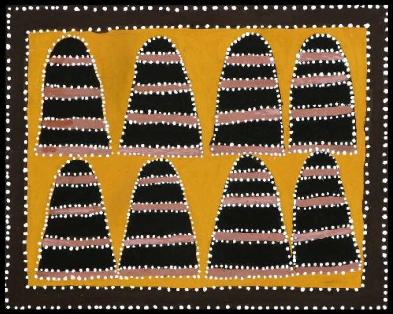 Ochre painting with eight tall black rounded hills arranged in two rows on a yellow ground, each crossed by pink horizontal bands and outlined with white dots, within a broad black dotted border.