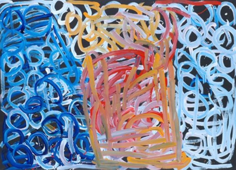 Minnie Pwerle painting of large overlapping blue, pale blue, white, orange, pink and red loops and curved lines arranged in three broad areas across a black background.