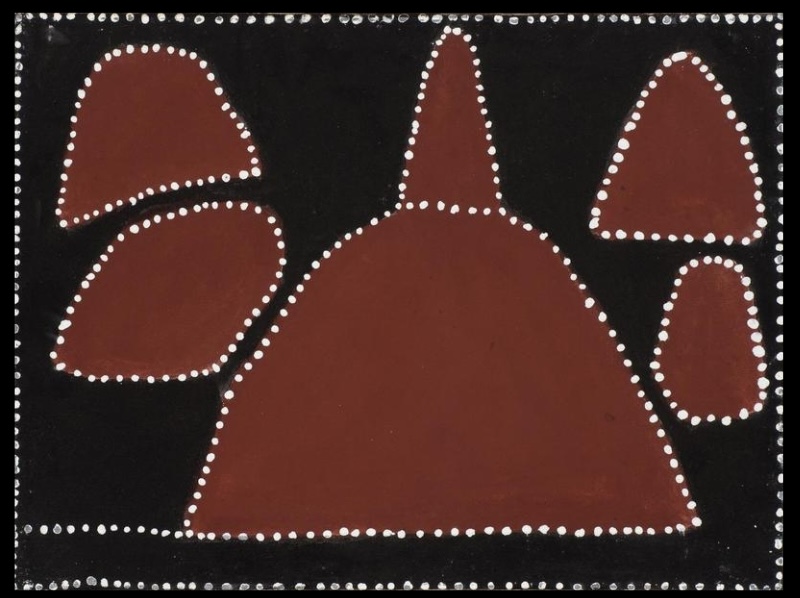 Queenie McKenzie ochre painting with five rounded red-brown hill forms outlined in white dots against a deep black ground.
