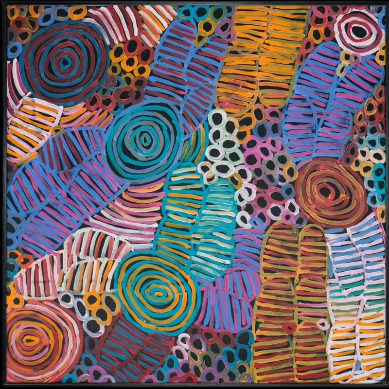 Minnie Pwerle Awelye Women’s Ceremony painting with vivid circular forms, body-paint lines and Bush Melon imagery.