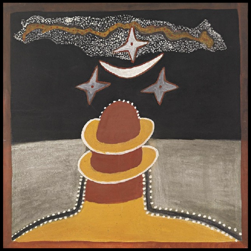 Hector Jandany Aboriginal ochre painting showing a tall red and yellow hill beneath a black night sky containing a crescent moon, three large stars and the Milky Way.