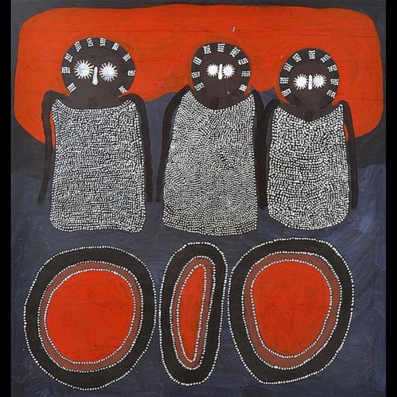 Jack Dale Mengenen painting of three dark-faced Wandjina with large white eyes and densely dotted bodies above three red and brown concentric Jalala marking stones.