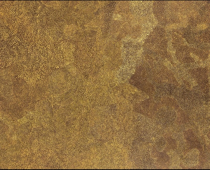 Kathleen Petyarre’s Untitled, 1995, with dense fields of fine yellow and ochre dots forming subtle shifting areas across the surface.