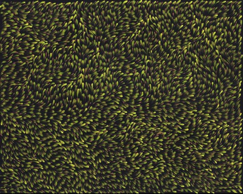 Gloria Petyarre painting of thousands of green leaf-shaped brushstrokes flowing in dense swirling patterns across a dark ground.
