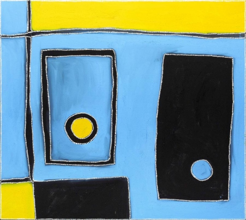Rammey Ramsey painting dominated by a bright blue field with large black rectangular forms, yellow bands and smaller blue and yellow areas. Two circular forms, one yellow and one blue, sit within larger enclosed shapes, with the principal forms edged by rows of small white dots.