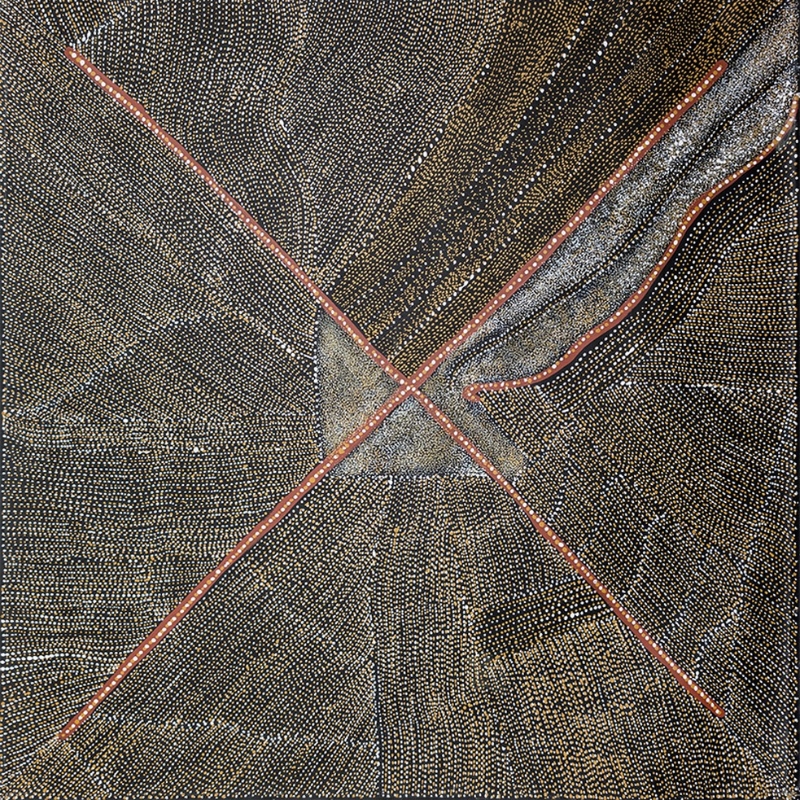 Kathleen Petyarre’s Mountain Devil Lizard Dreaming, 2008, with crossing red lines, an elongated form and dense fields of fine dots.