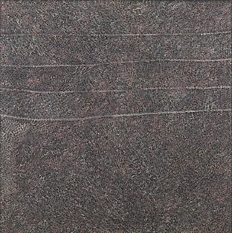 Kathleen Petyarre’s My Country – Bush Seeds, 2002, with dense pale fine dotting and subtle parallel bands across a dark ground.