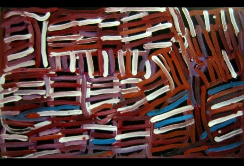 Minnie Pwerle painting of broad red-brown, white, purple and blue lines forming overlapping striped and curved shapes against a black background.