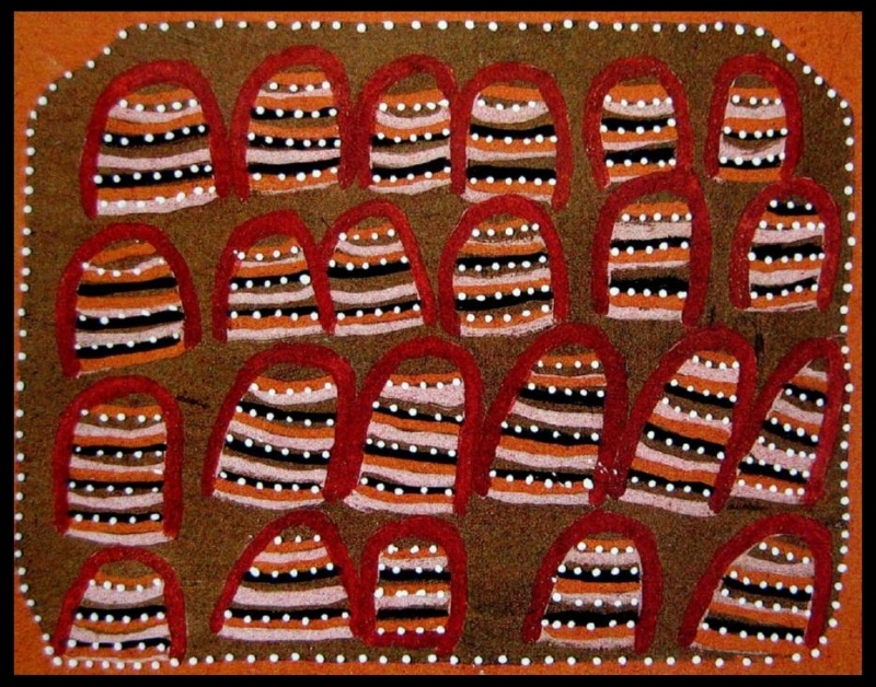 Queenie McKenzie ochre painting of the Purnululu Bungle Bungles, with rows of rounded striped rock formations outlined in red and white dots.
