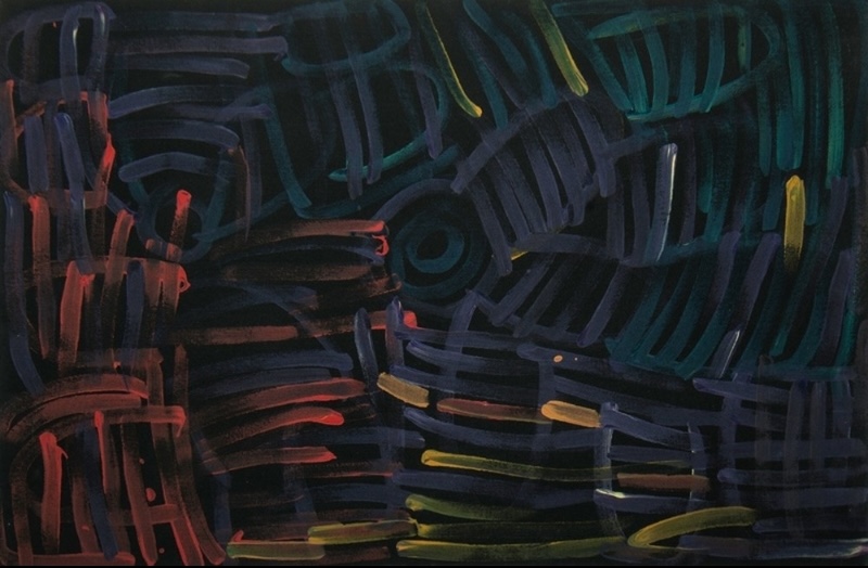Minnie Pwerle painting of dark blue, green, red and ochre curved forms filled with broad parallel lines, with a circular motif near the centre on a black background.