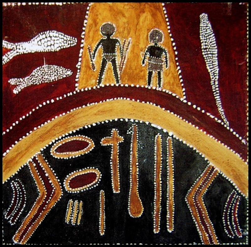 Queenie McKenzie ochre painting showing two black human figures above a curved band, with weapons, tools and oval forms outlined in white dots.