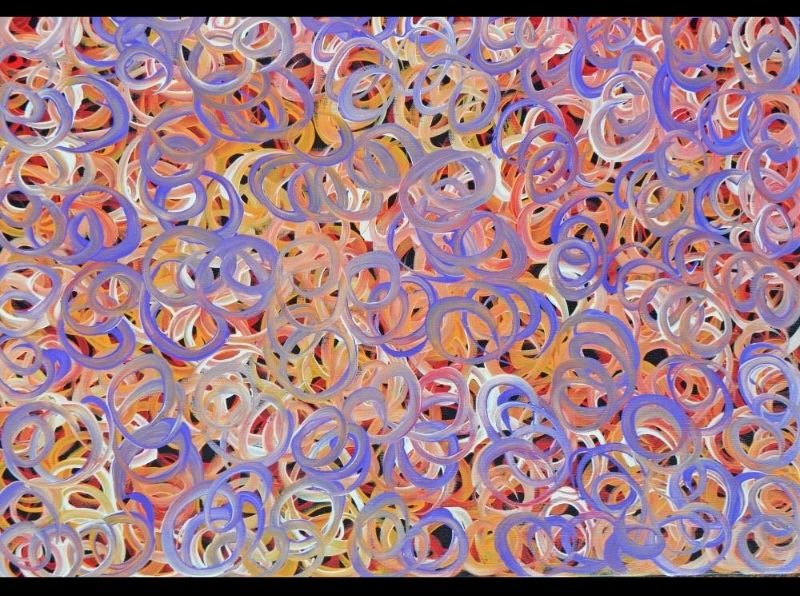 Gloria Petyarre painting of overlapping violet, orange, pink, cream and white looping brushstrokes filling the canvas.