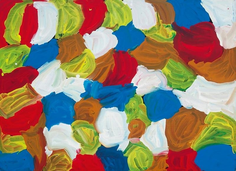 Minnie Pwerle painting of loosely brushed rounded shapes in vivid red, blue, green, white and ochre, overlapping and filling the entire canvas.